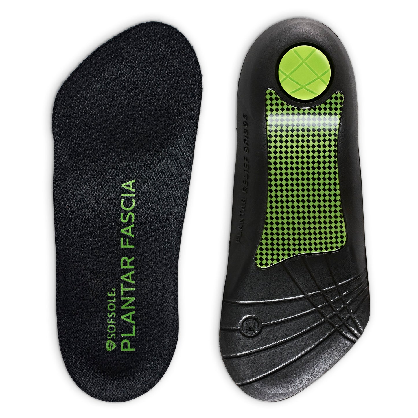 Footwear insole with arch support for plantars fasciitis on black and green background