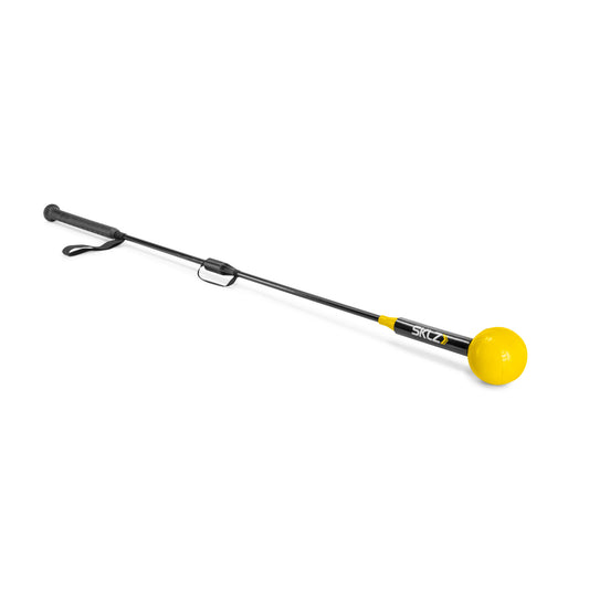 A yellow ball attached to a long handle with a foam grip is used for training or exercise activities