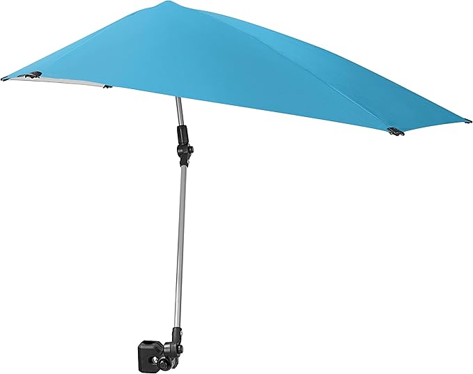An adjustable camera mount holds a blue umbrella in a studio setting.