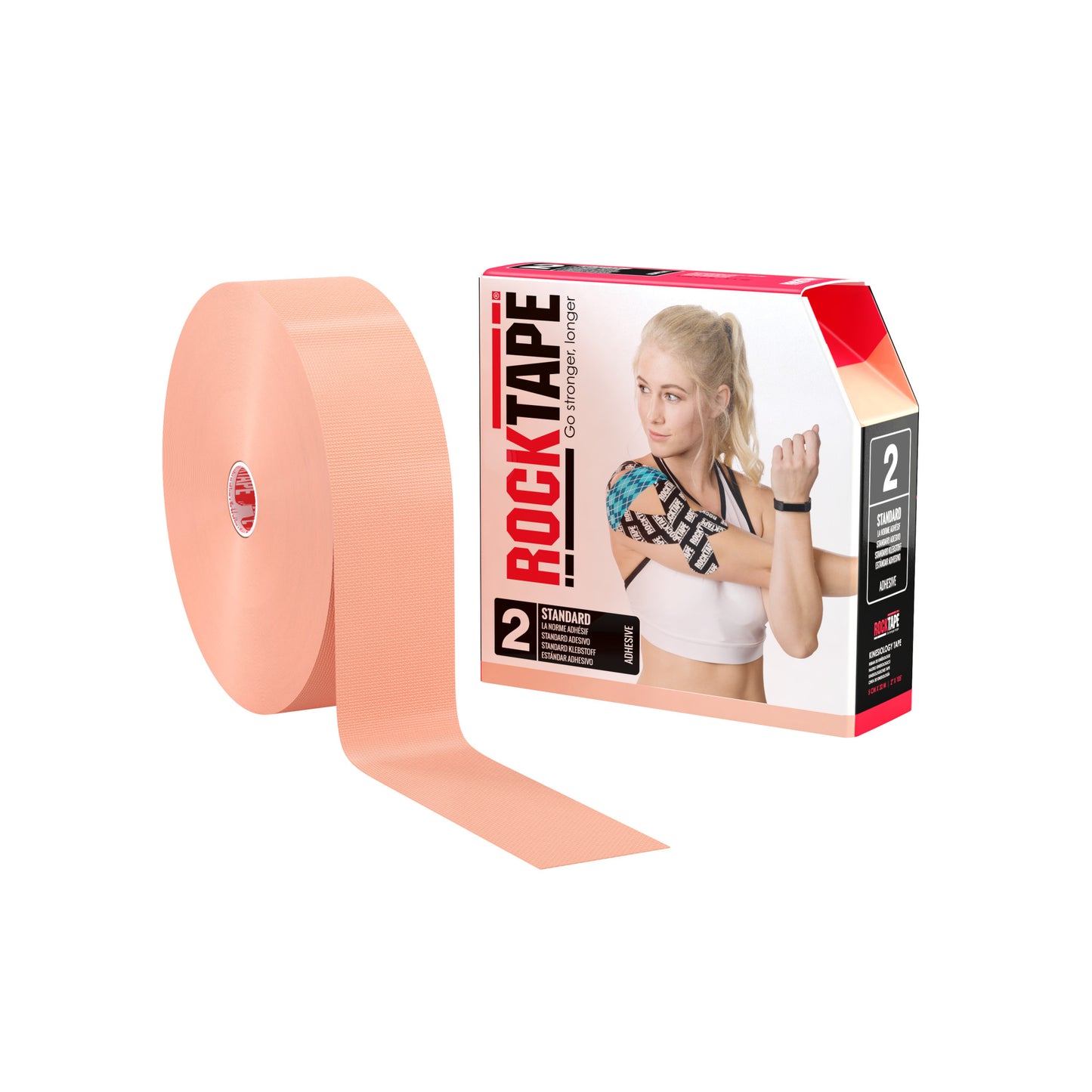 The flesh-colored athletic tape is shown alongside packaging featuring a woman flexing her arm in a gym environment.