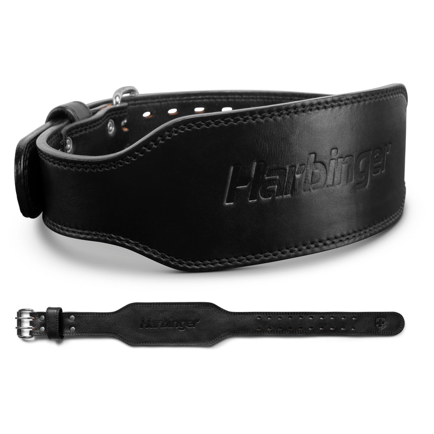 A black leather collar and leash with embossed brand name resting on a white background.