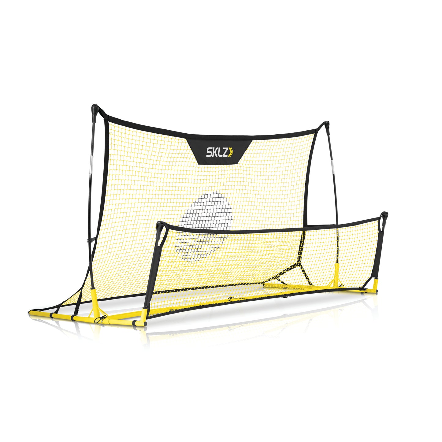 A portable soccer goal net is set up outdoors on a white background