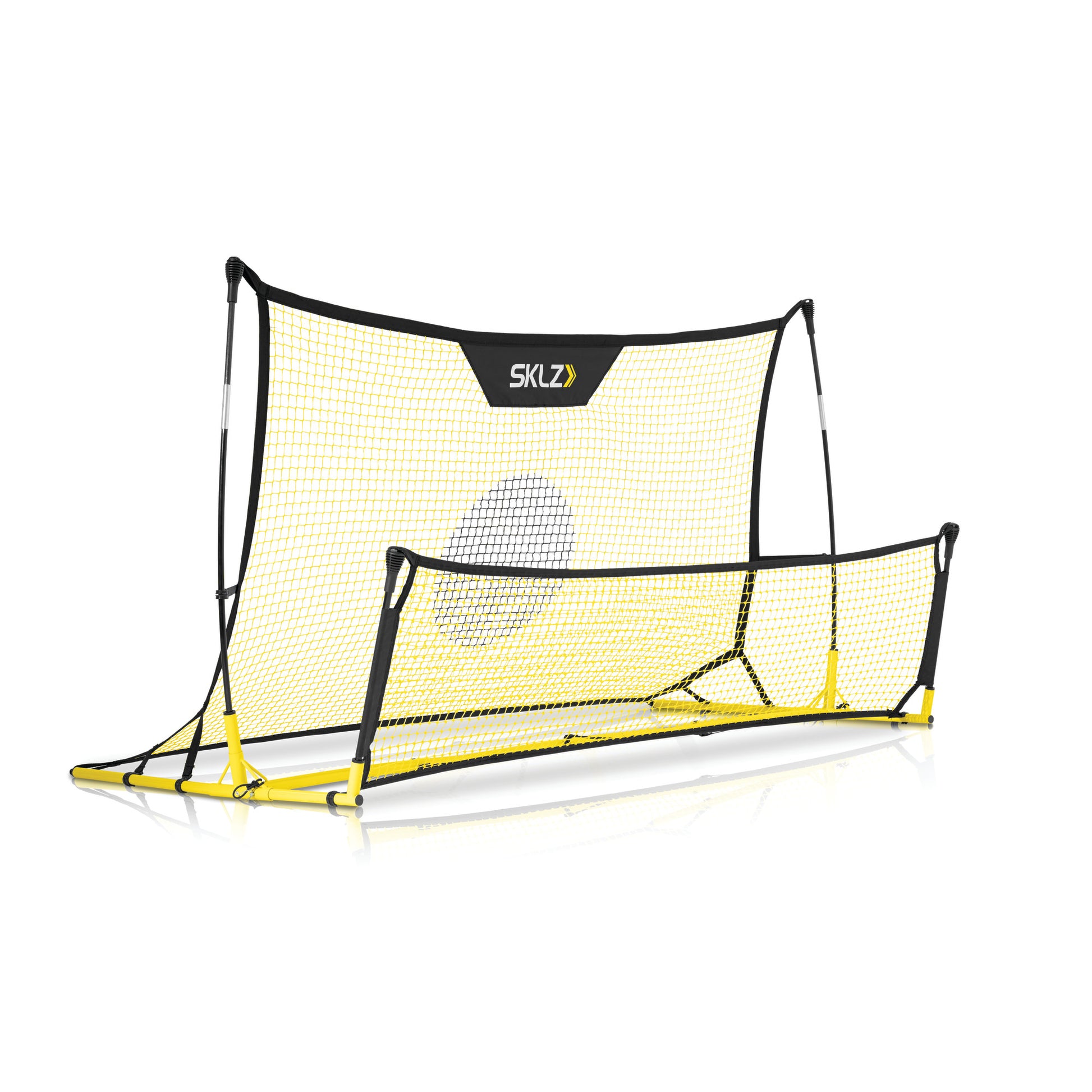 A portable soccer goal net is set up outdoors on a white background