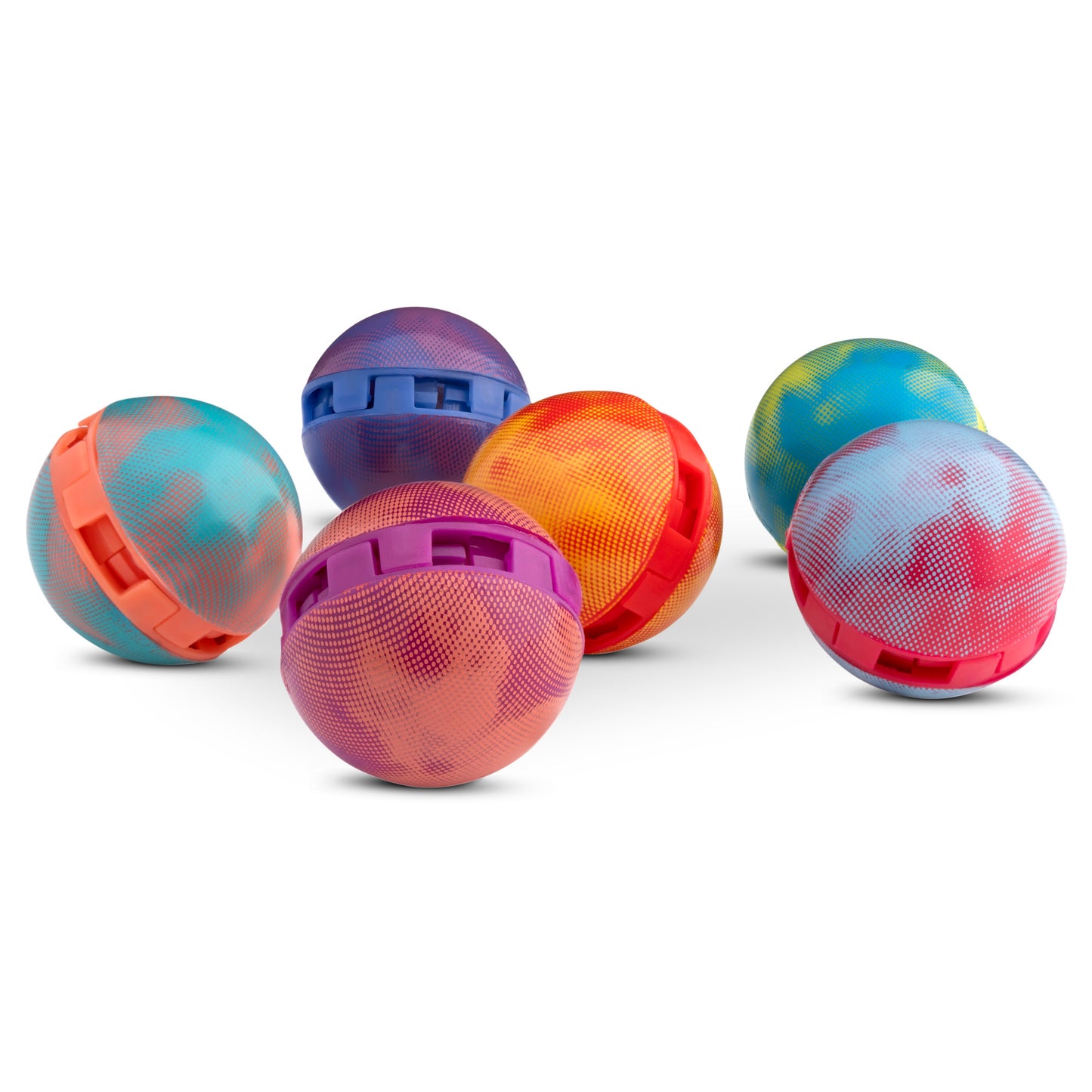 Colorful spherical speakers with mesh covers sit on a white surface.