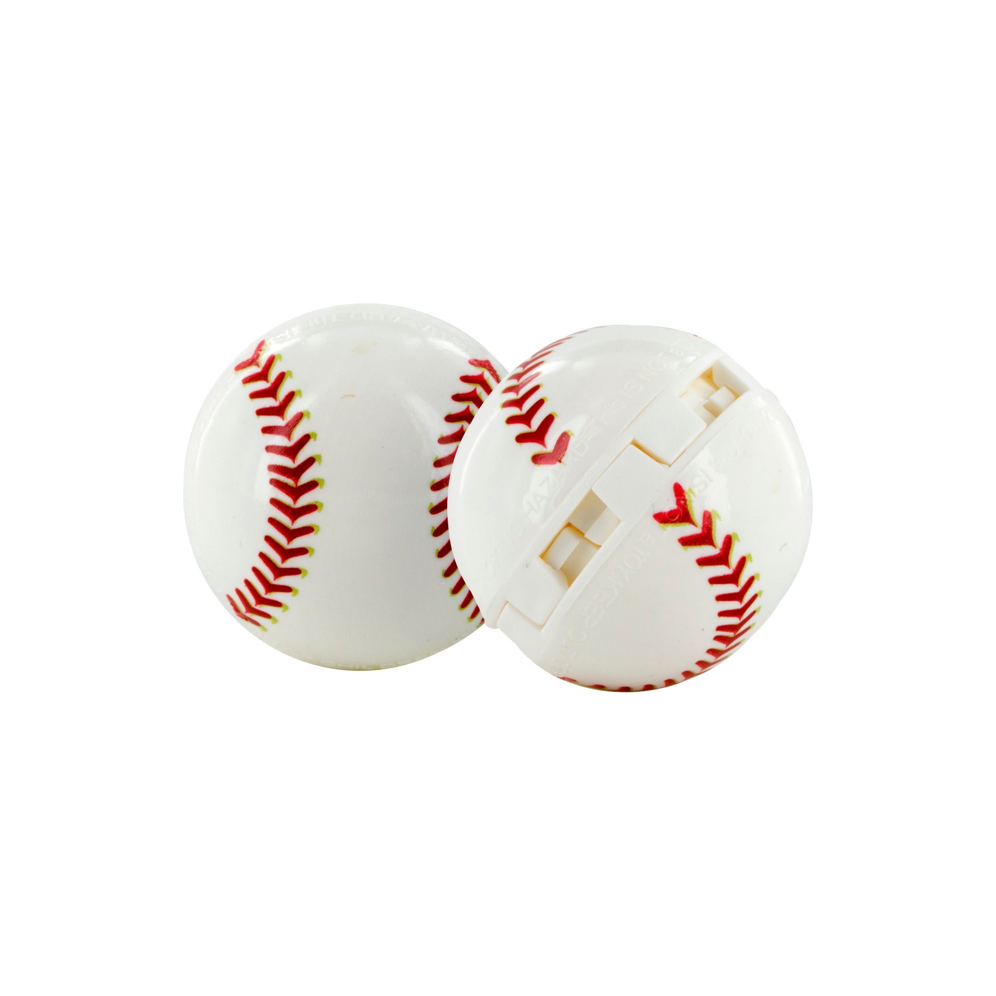 Two baseballs rotate on a white background with no other objects present.