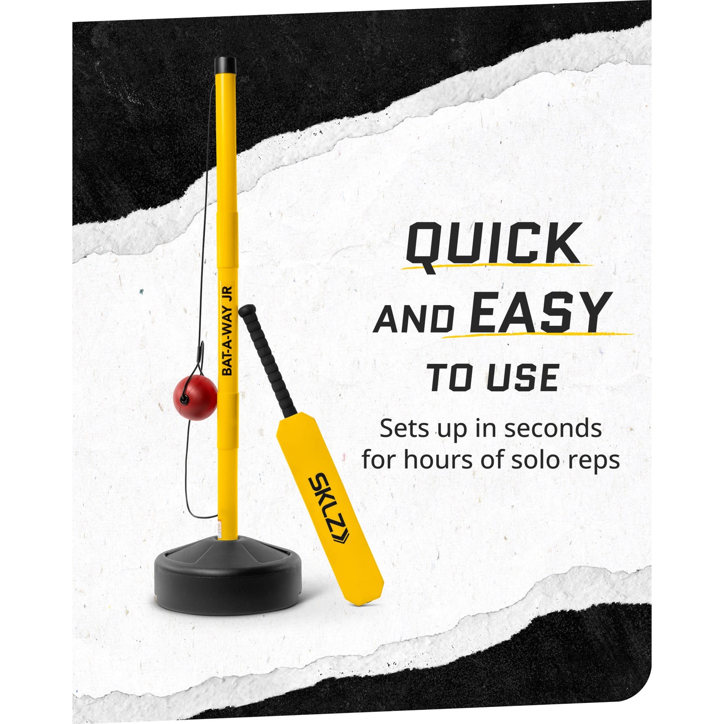 Image of SKLZ Cricket Bat-a-Way Jr. swing trainer on a white background with overlay text highlighting quick and easy to use