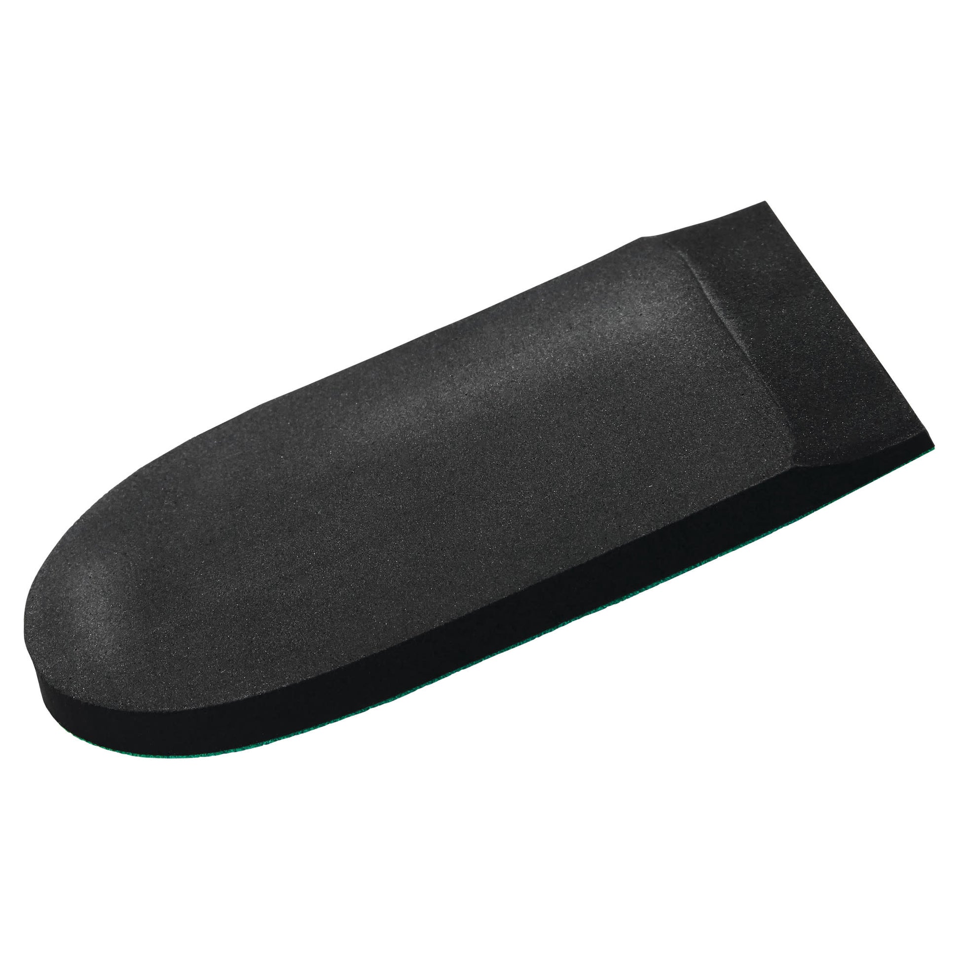 A black shoehorn facilitates putting on shoes in a plain environment.