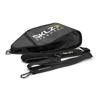 A black and gray SKYZ speed sack with straps and clips for carrying or securing items in a racing setting