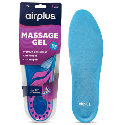 A blue gel cushion with arch support is shown alongside its packaging, used for all-day comfort.