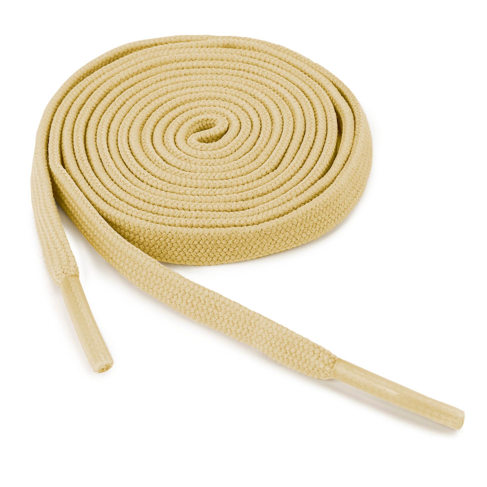 The shoelace is coiled on a white background in a close-up view.