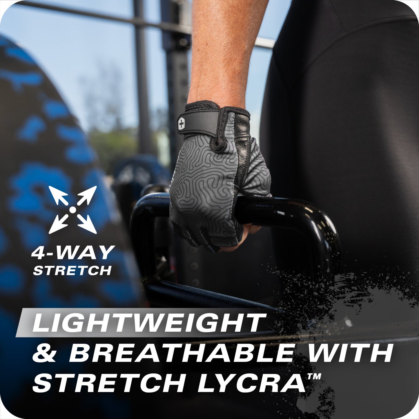 Gloved hand grips gym equipment handle; exercise setting with text promoting glove features.