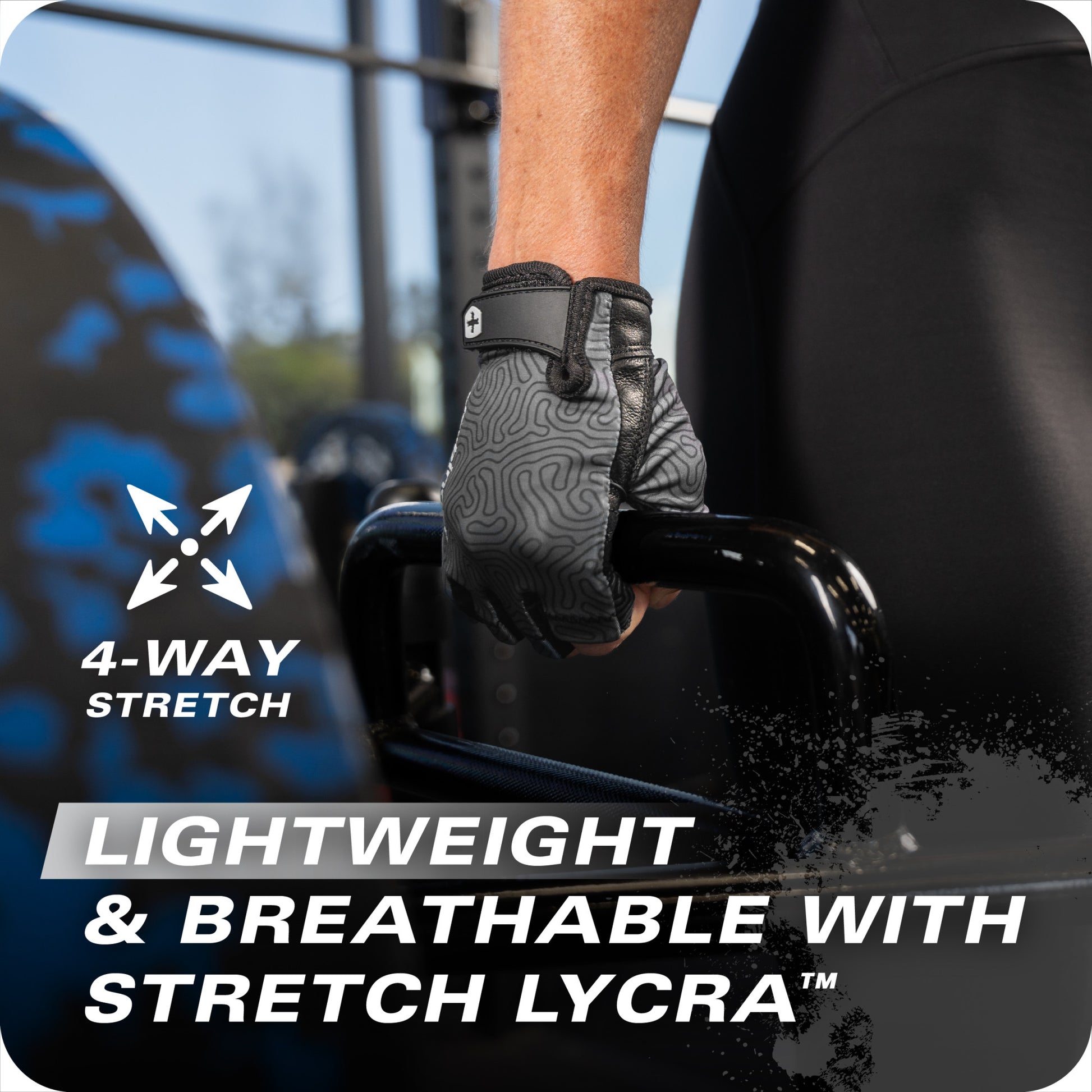 Gloved hand grips gym equipment handle; exercise setting with text promoting glove features.