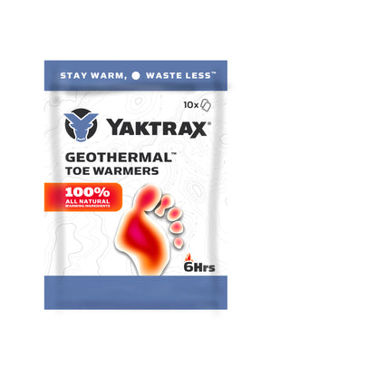 Geothermal toe warmers heat feet inside a package for six hours with natural ingredients.