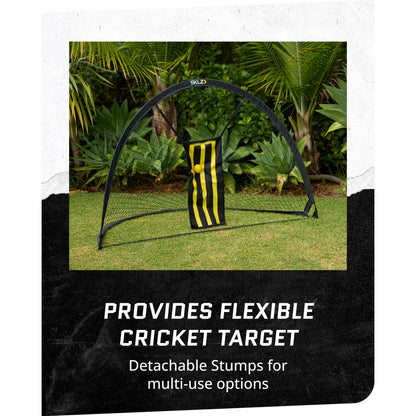 Cricket target stands on grass with leafy background for multiuse practice and training