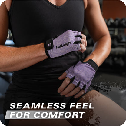 Woman wears Harbinger workout gloves during exercise for seamless comfort.