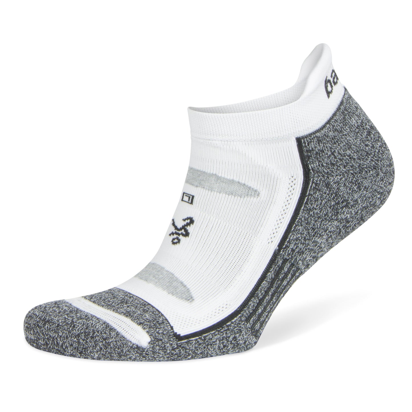 A sock features a builtin foot sensor in a white and gray design on a white background