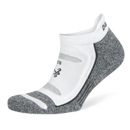 A sock features a builtin foot sensor in a white and gray design on a white background