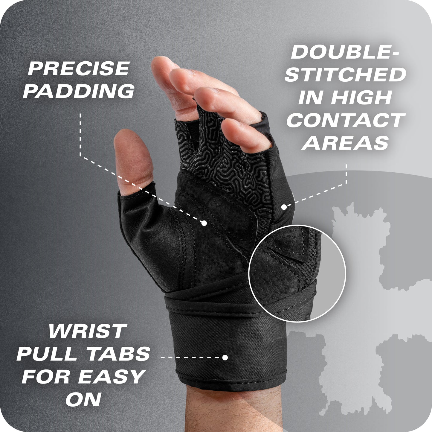 Gloved hand demonstrates precise padding and double stitching in high contact areas with wrist pull tabs