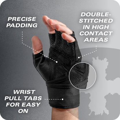 Gloved hand demonstrates precise padding and double stitching in high contact areas with wrist pull tabs