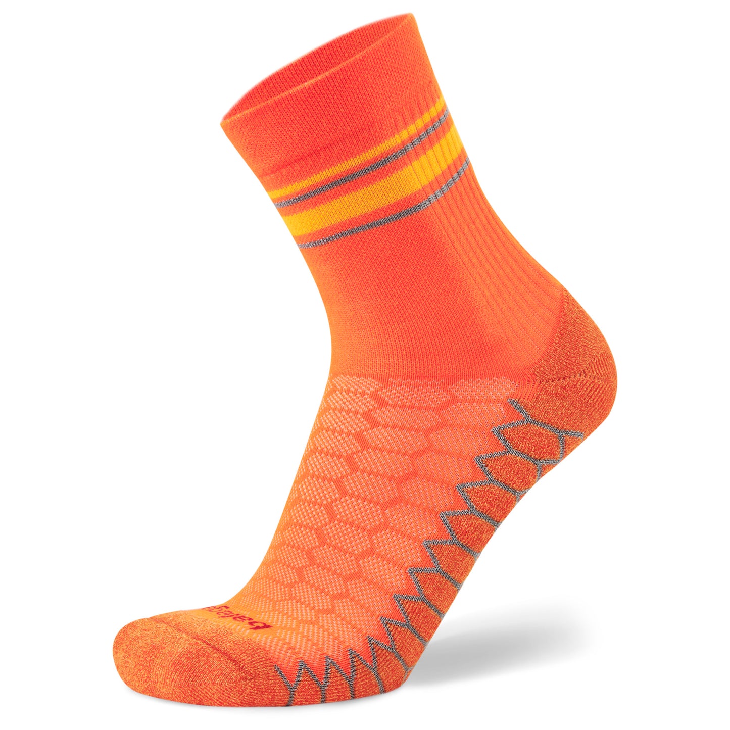 A bright orange athletic sock with gray and yellow accents resting on a white surface.