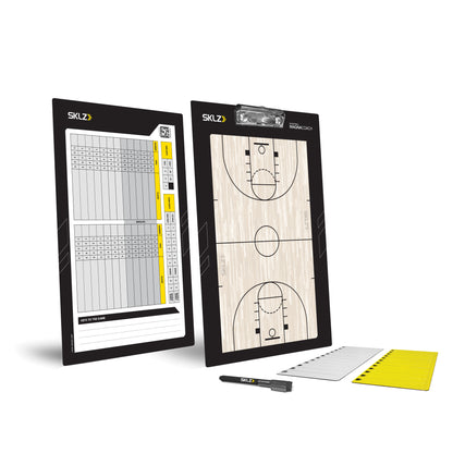 A basketball scoreboard and game board set with writing tools in a sports environment