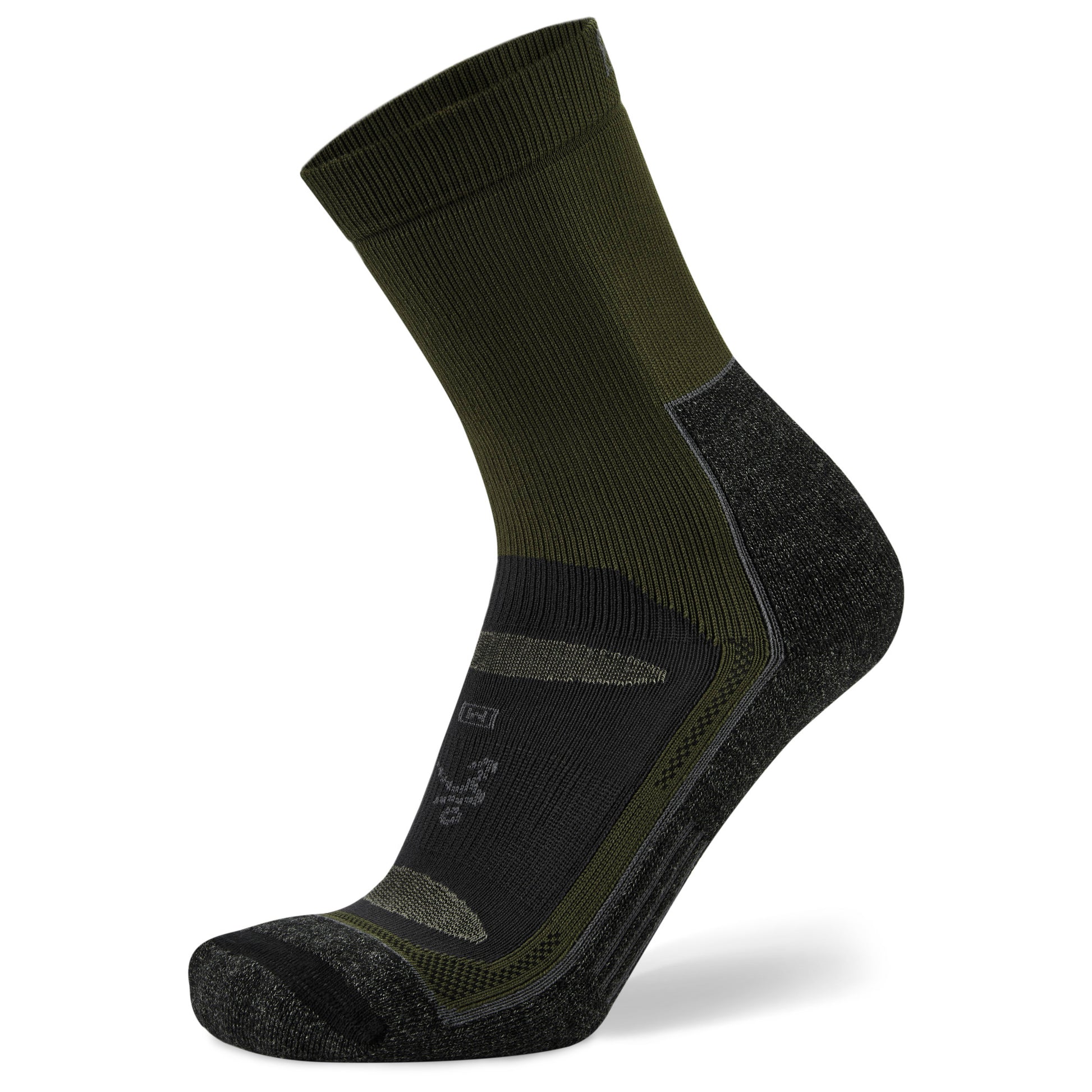 A hiking sock is displayed, designed for outdoor use, with reinforced heel and toe areas.