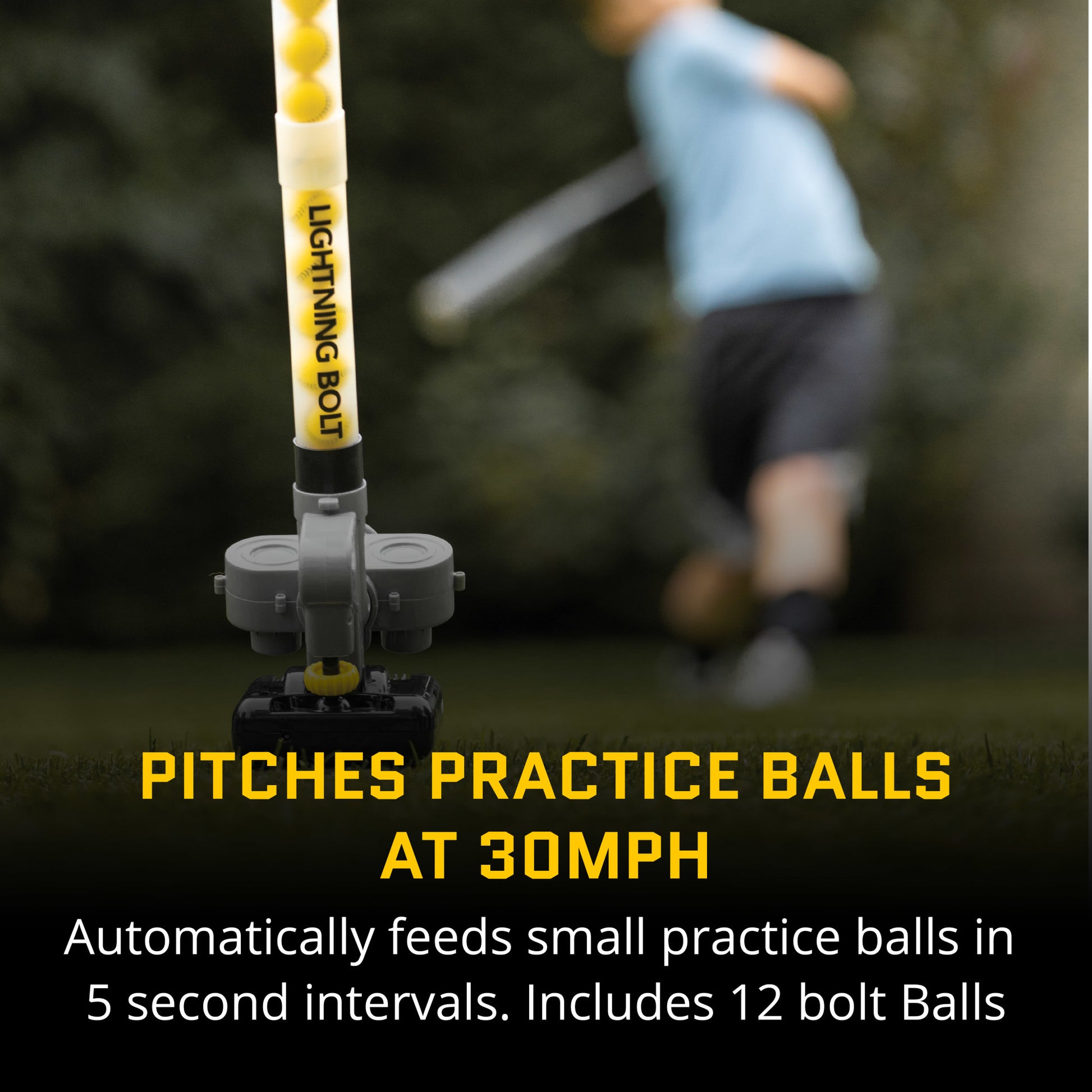 A device launches practice balls at 30 mph in an outdoor setting with a golfer in the background.