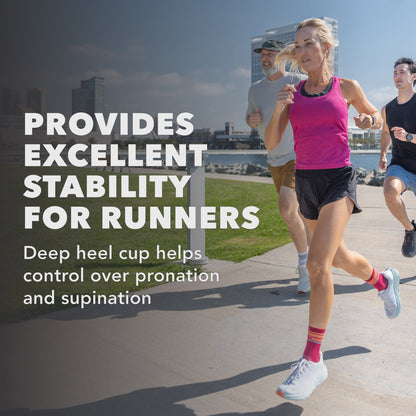Runners wear deep heel cups for stability during outdoor exercise in an urban setting.
