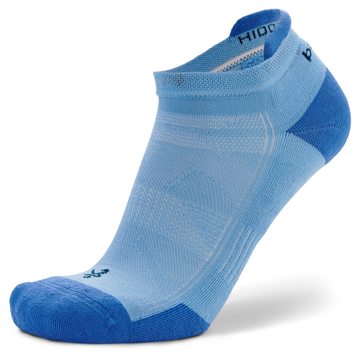 A blue ankle sock displays the brand name and logo in a sportswear setting.