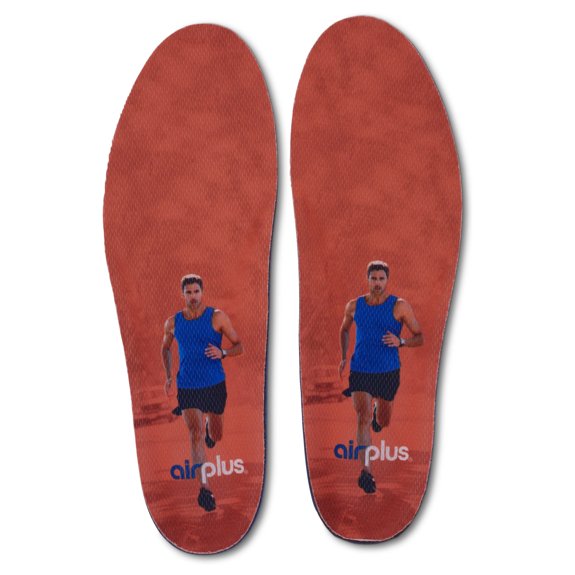 Running shoes display a man running on a track background with Airplus logo