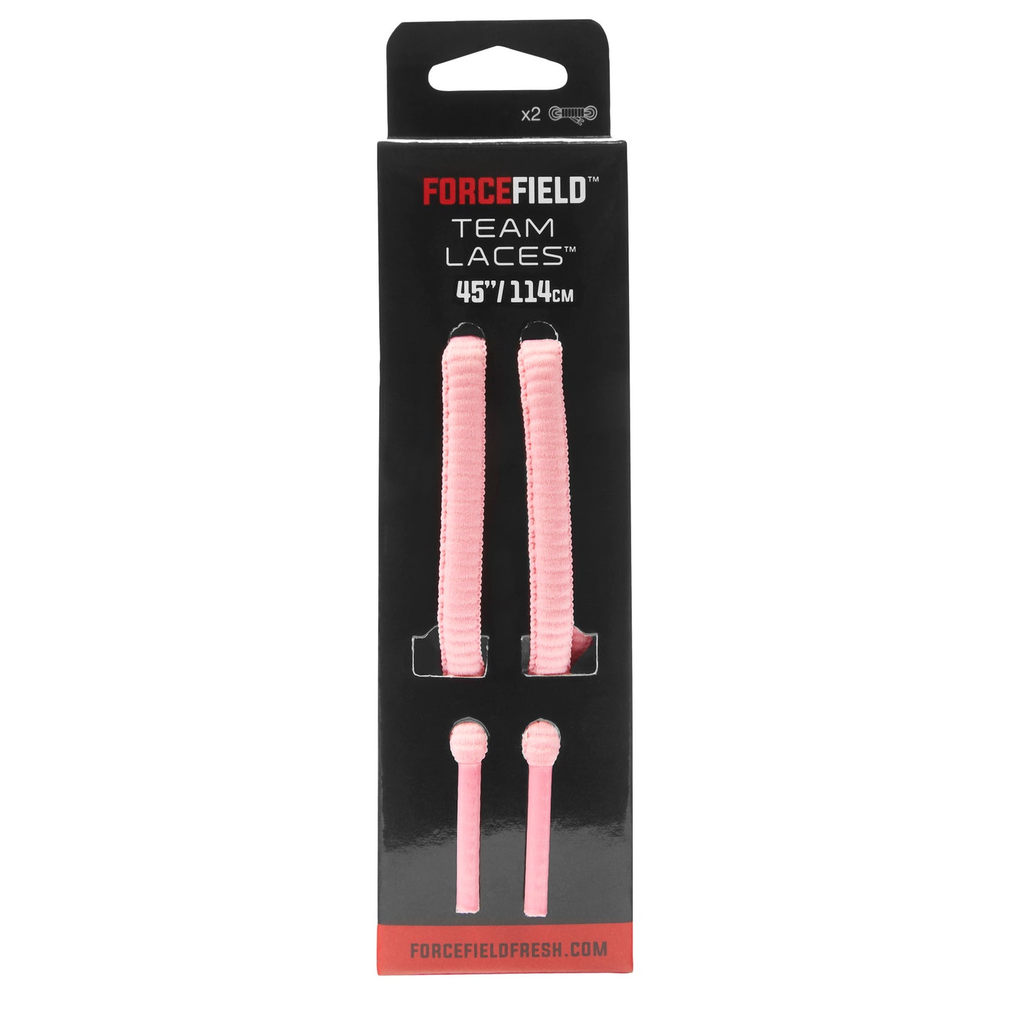 Pink shoelaces are displayed on packaging for team laces for athletic footwear.