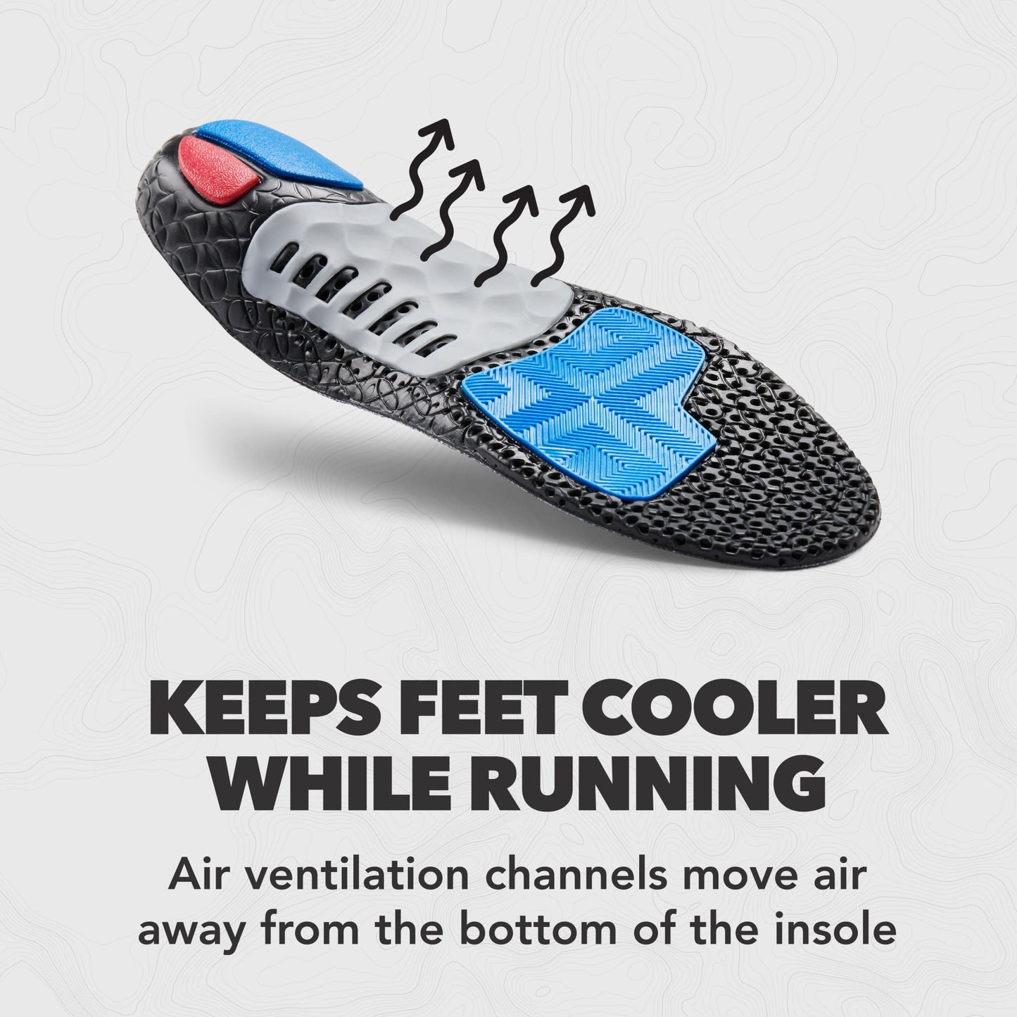 Shoe insole with air channels cools feet by moving air away from the bottom while running.