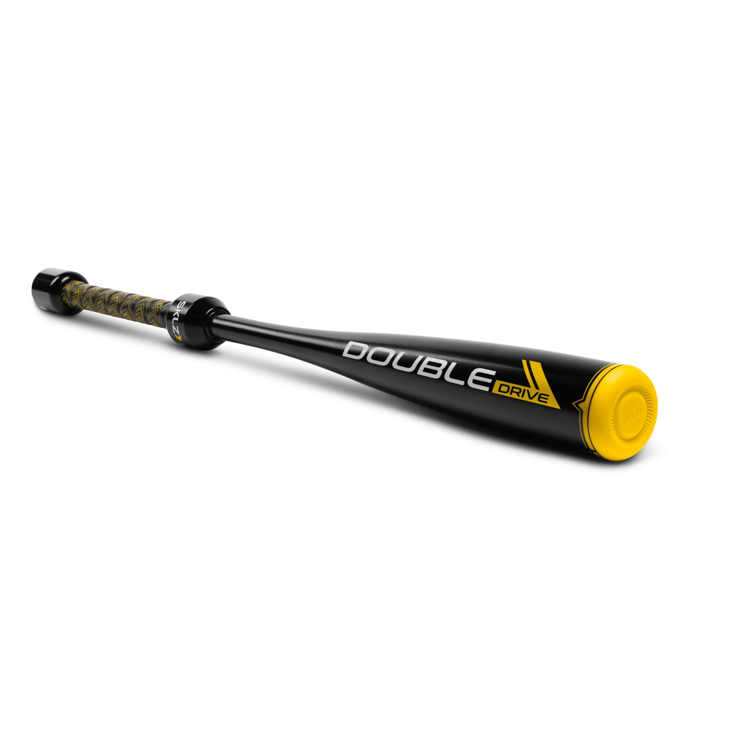 A black and yellow baseball bat with DOUBLE DRIVE text is shown on a plain white background.