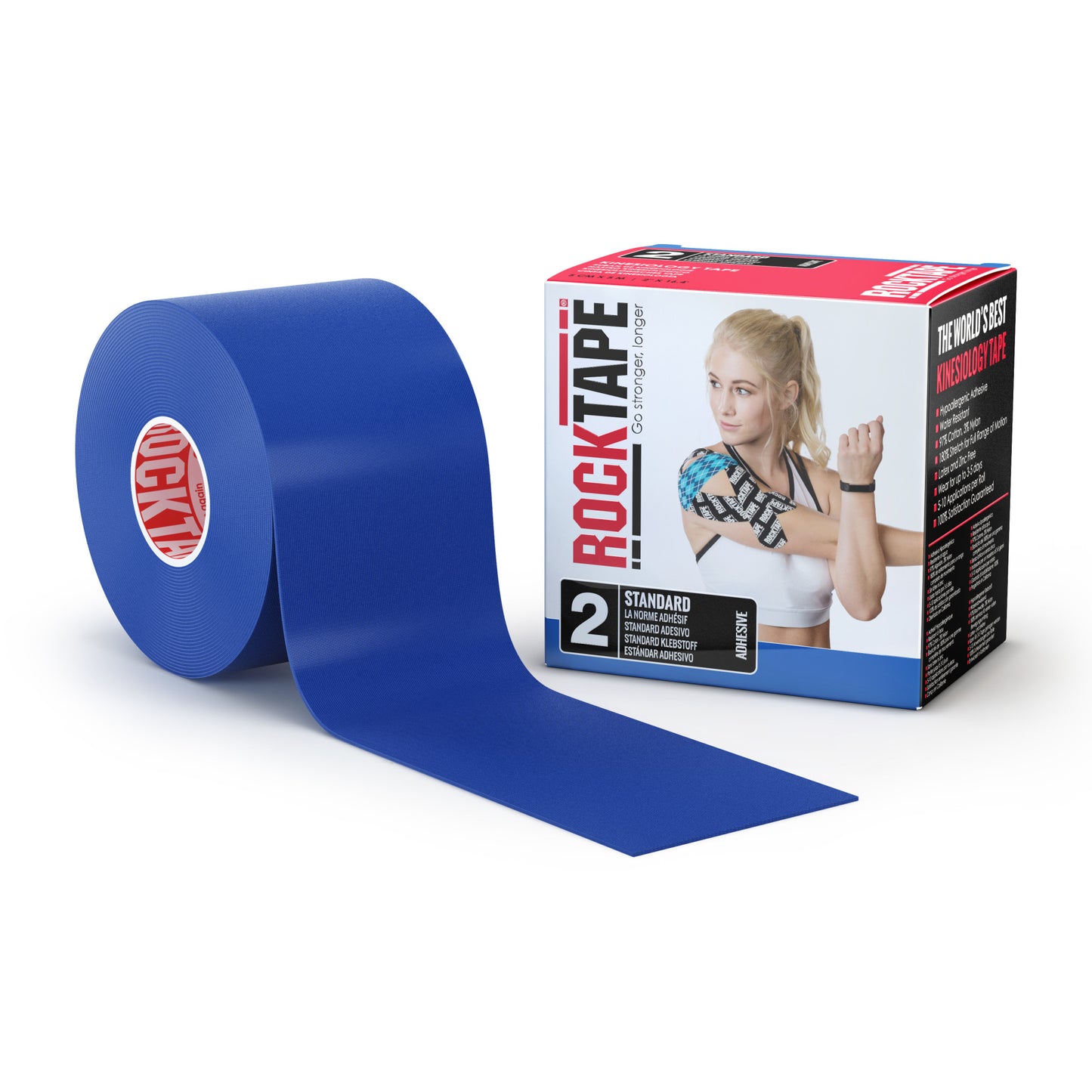 The blue tape unrolls beside a box featuring a woman applying it to her arm in a medical setting.
