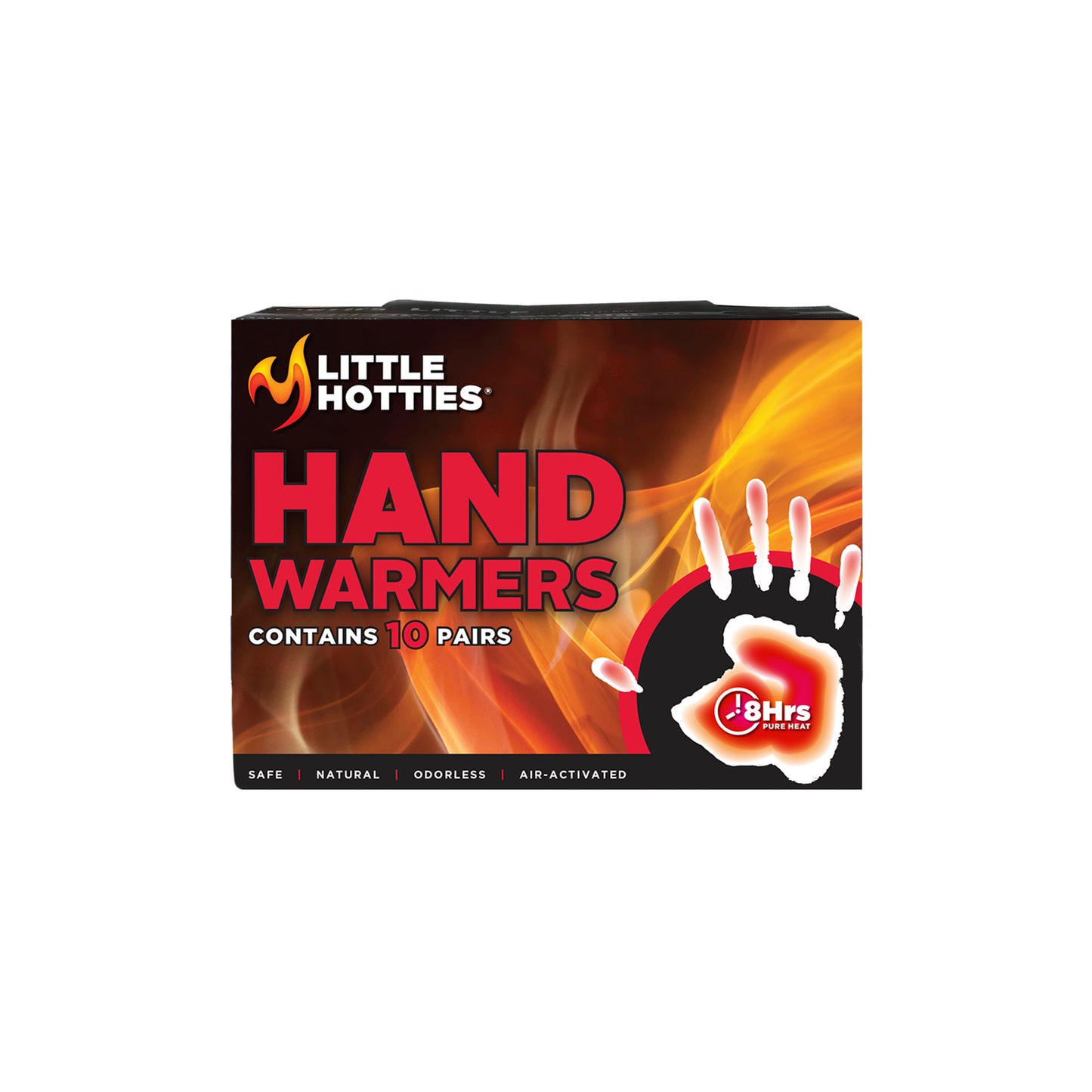 Box of Little Hotties hand warmers heating for up to eight hours in a safe odorless environment