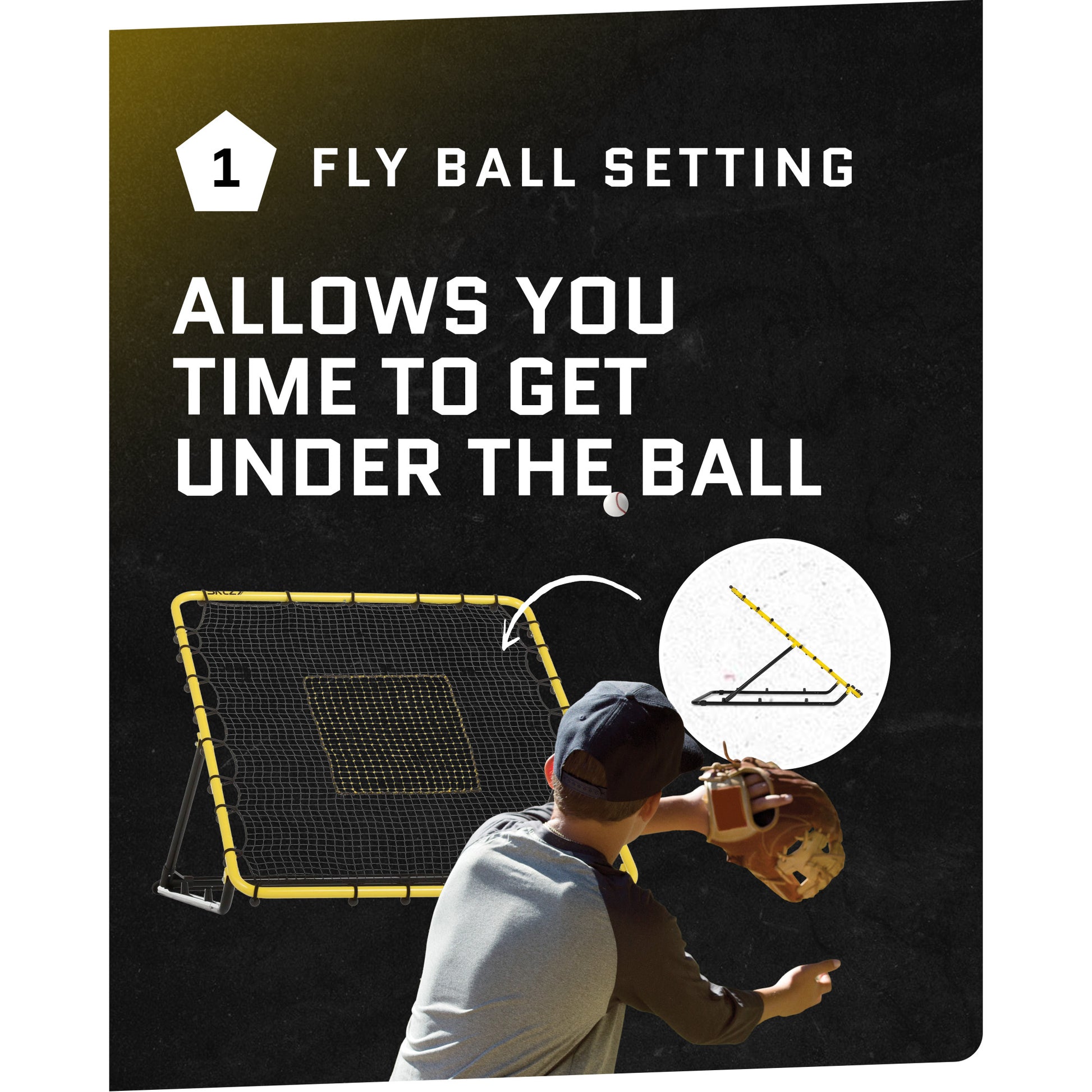 A boy practicing baseball fielding under a fly ball net for training