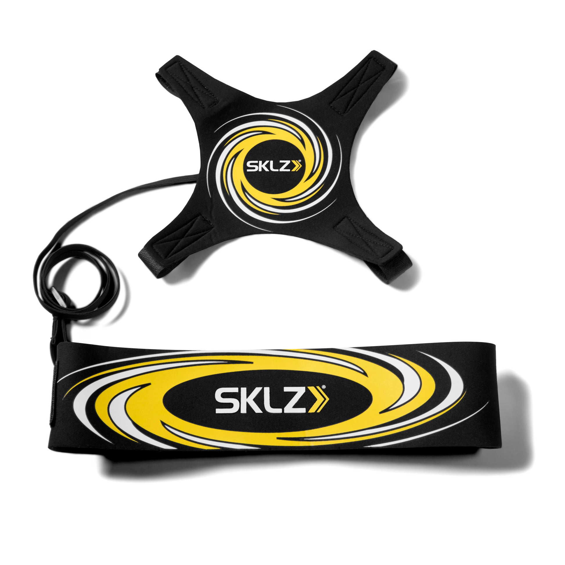 A SKLZ resistance band with a foot activation pad for fitness exercises on a white background