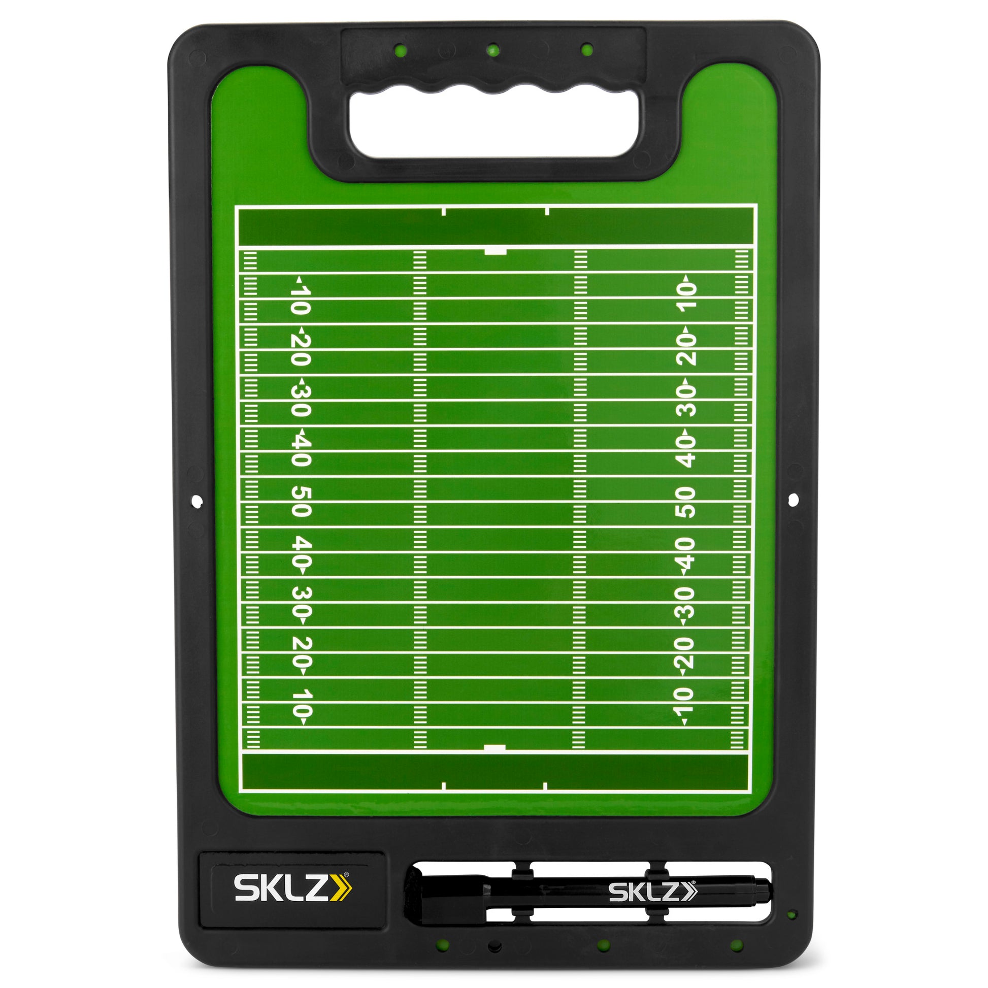 The scoreboard displays football field markings in a portable frame for sports use