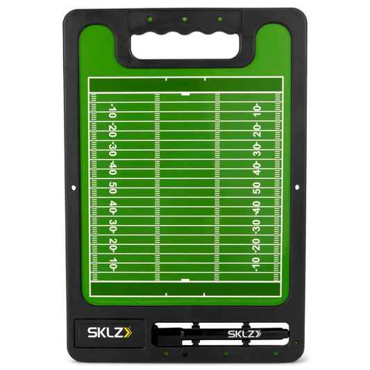 The scoreboard displays football field markings in a portable frame for sports use
