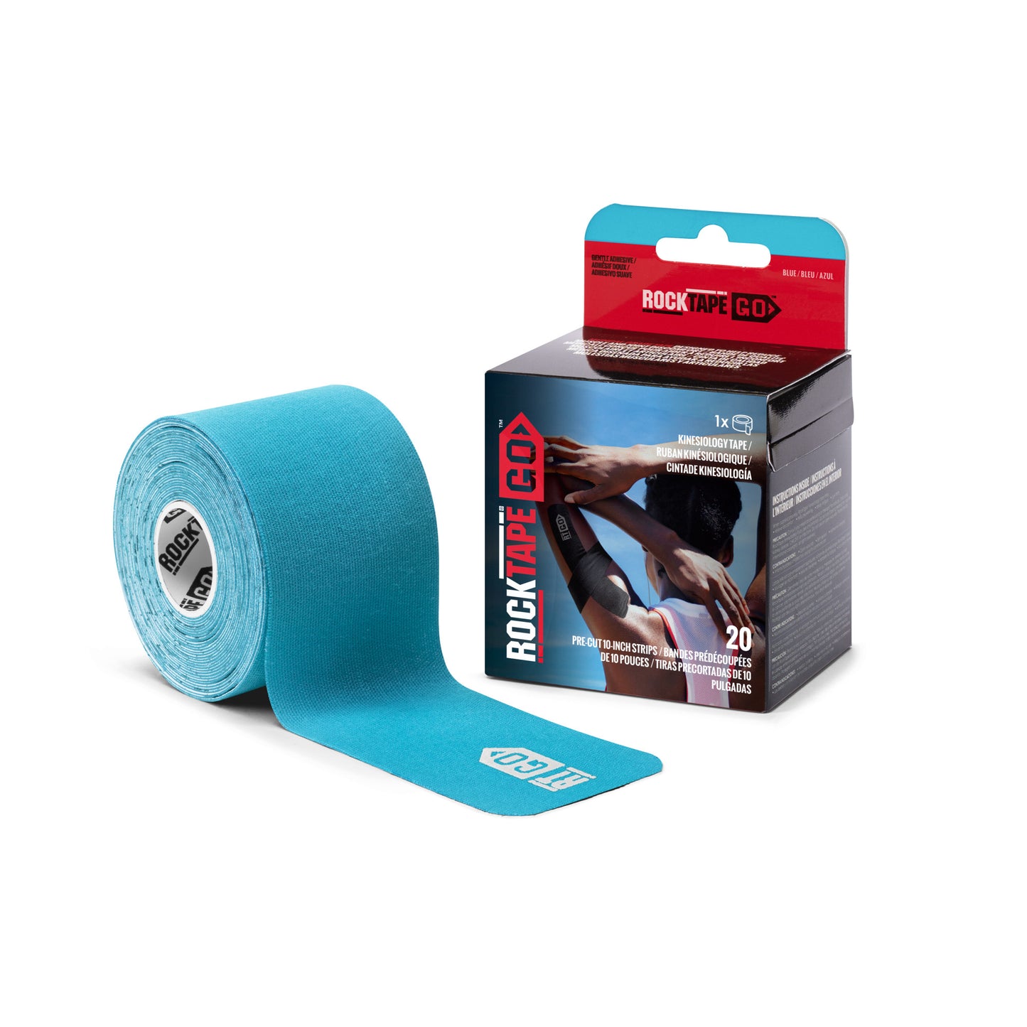 A roll of blue sports tape is displayed next to its packaging on a white background.
