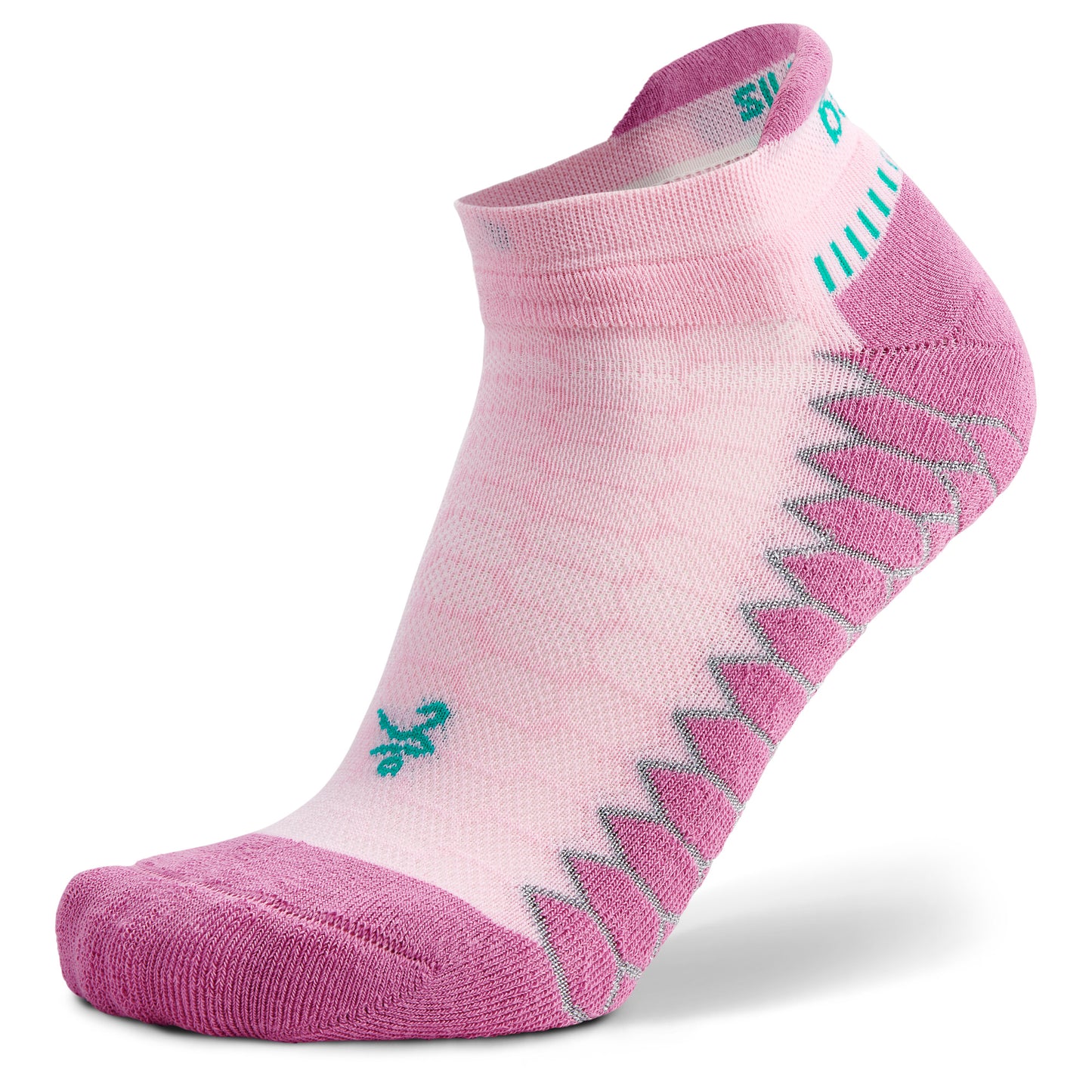 Pink athletic sock displays compression zones in a white gray and teal design on a white background.