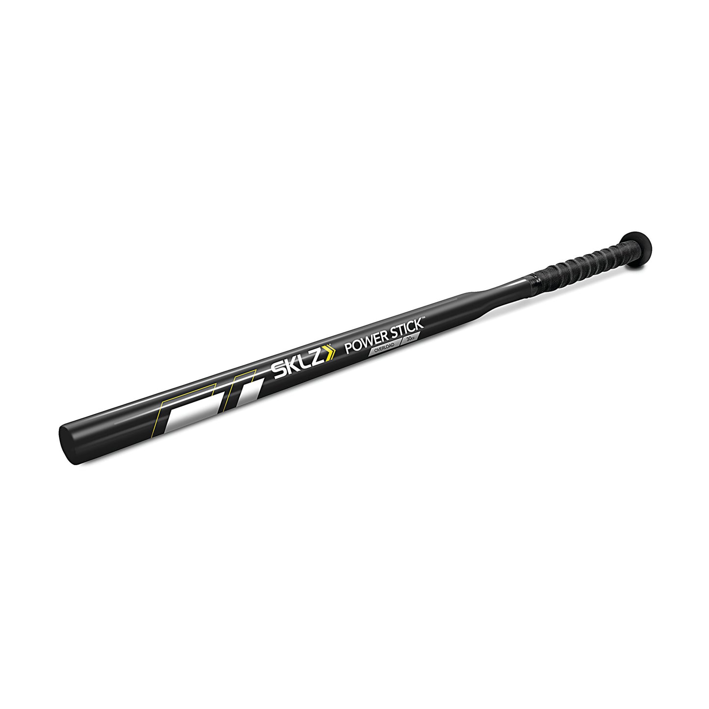 A black baseball bat with grip is displayed against a white background