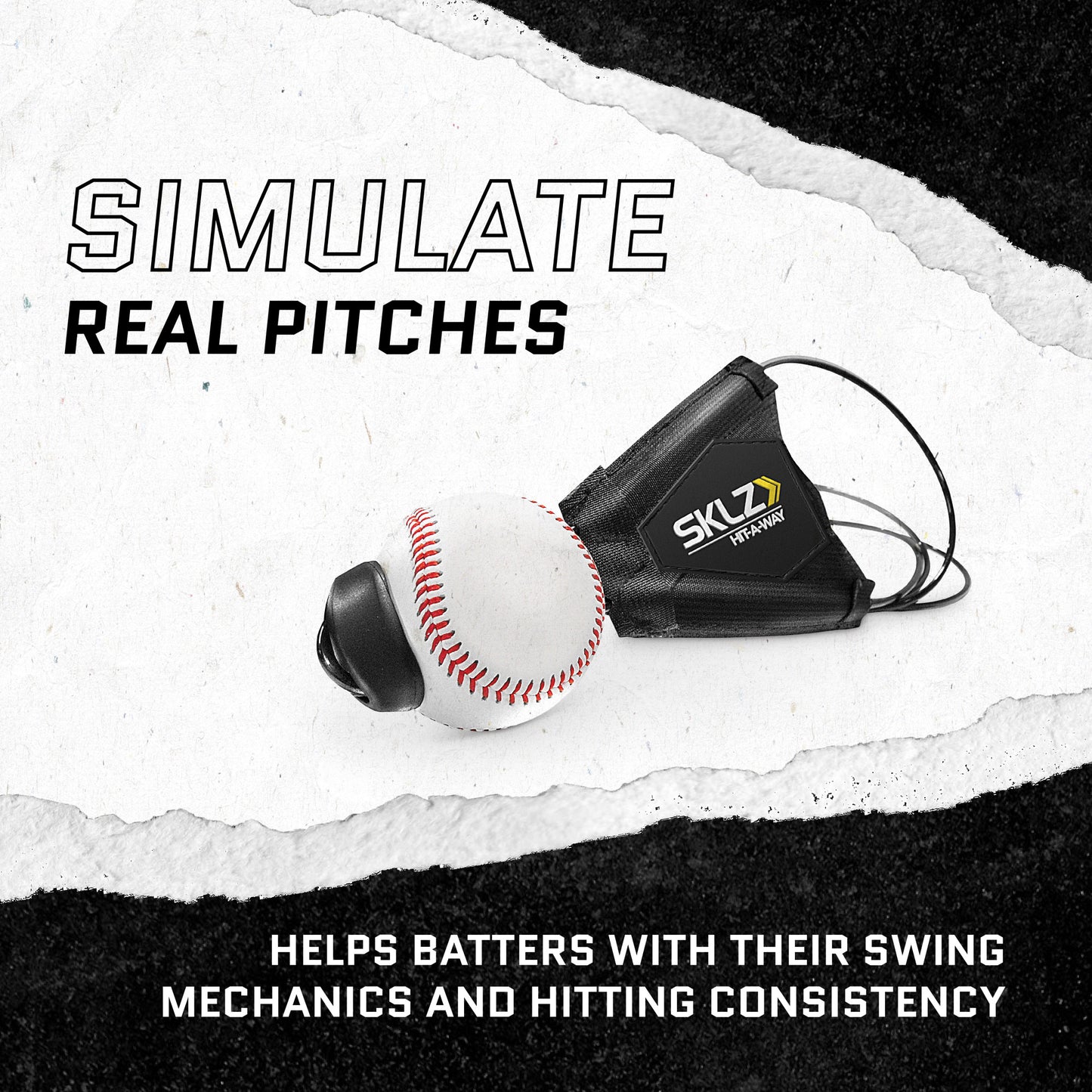 A baseball a face mask and text promoting simulation of real pitches for training indoors