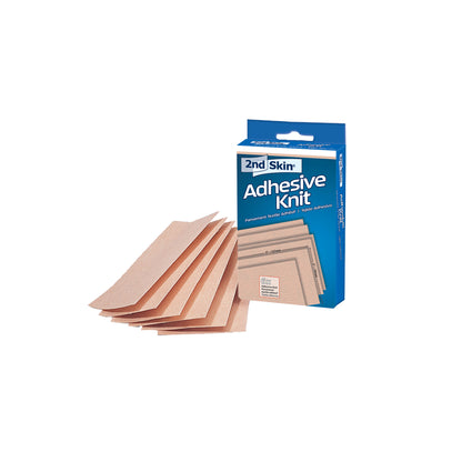 Adhesive knit patches attach to skin for wound healing and skin protection.
