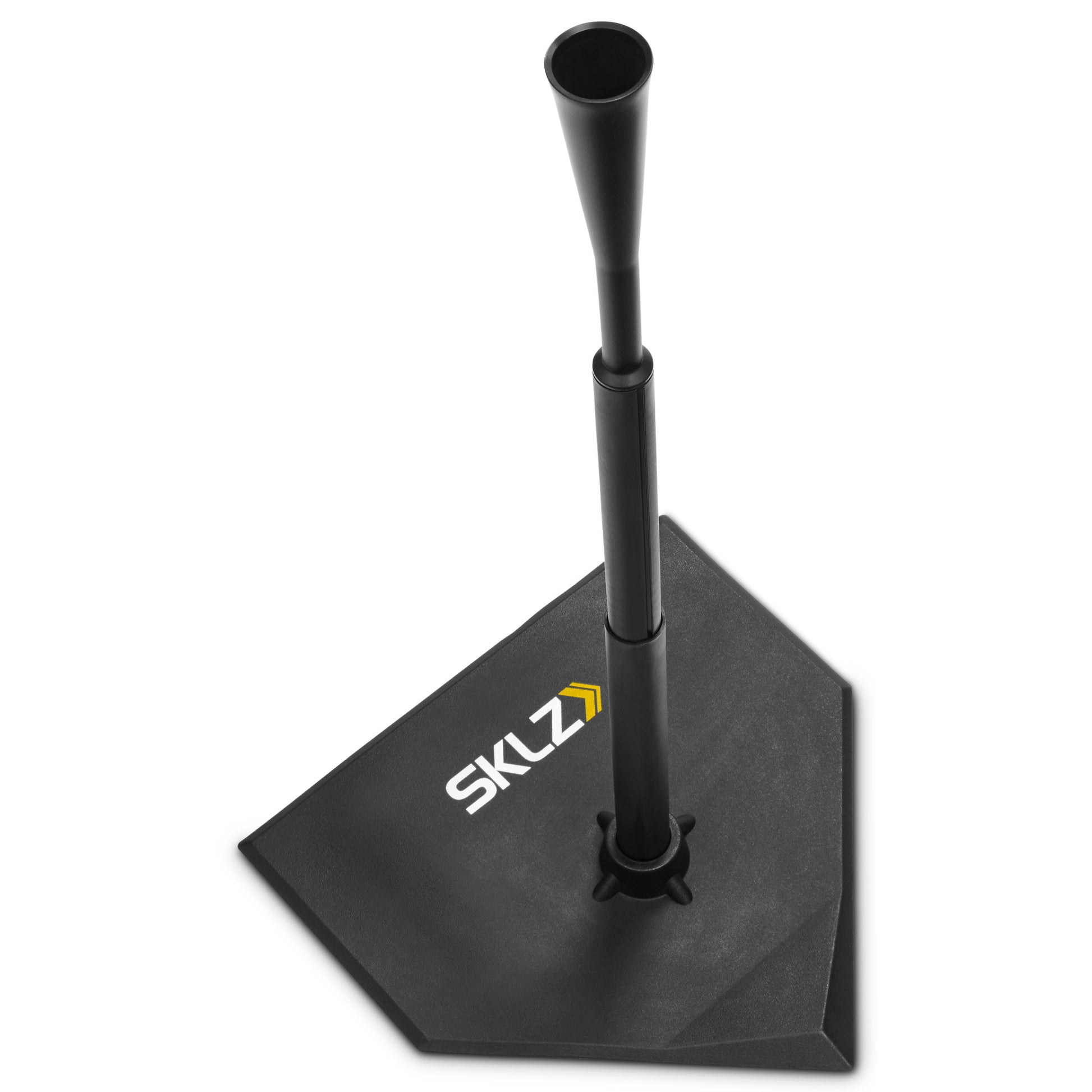 A flagpole stands on a triangular base with SKLZ branding in a studio setting.