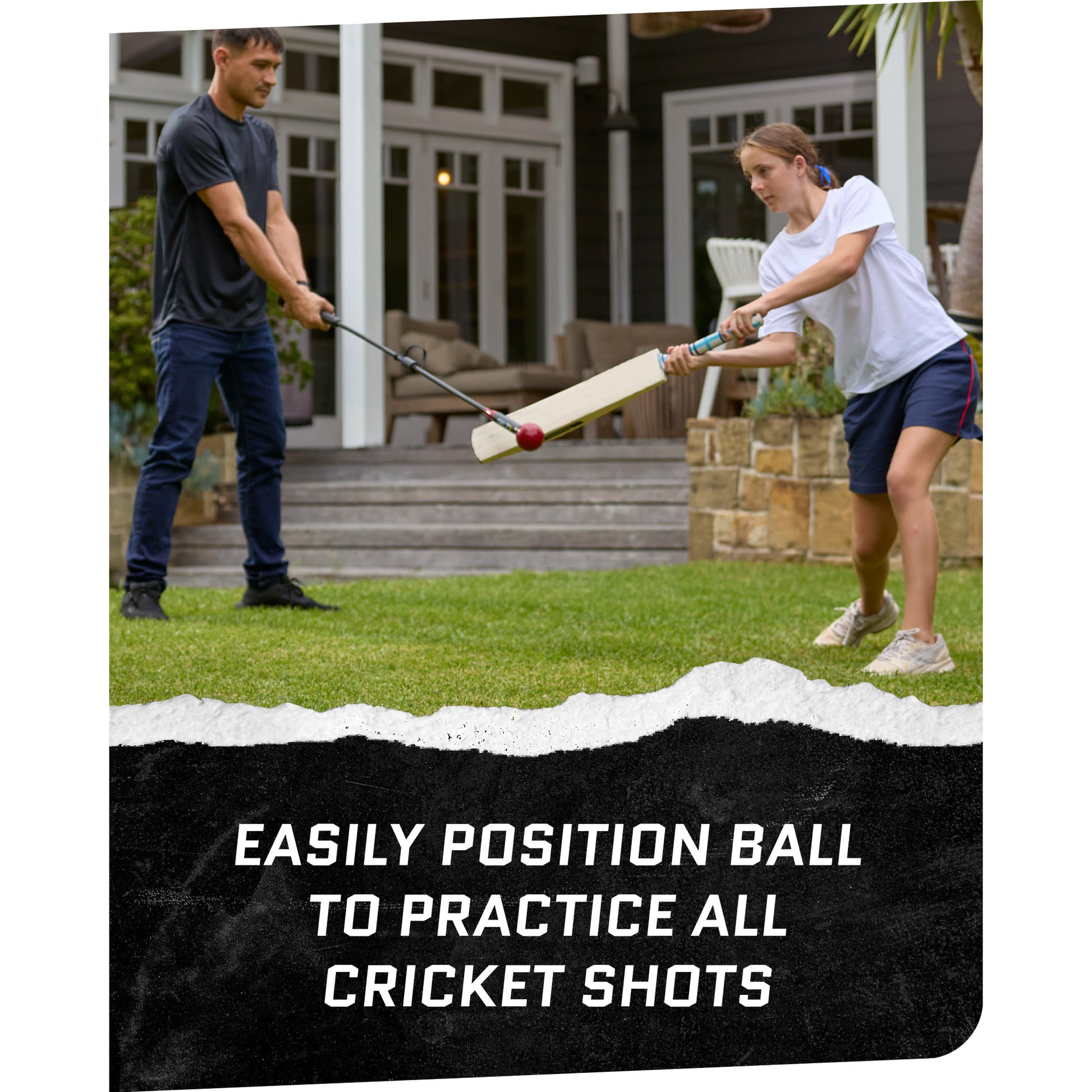 Action shot of man and female using SKLZ Cricket Bat Trainer in backyard with overlay text highlighting positioning the ball when practicing