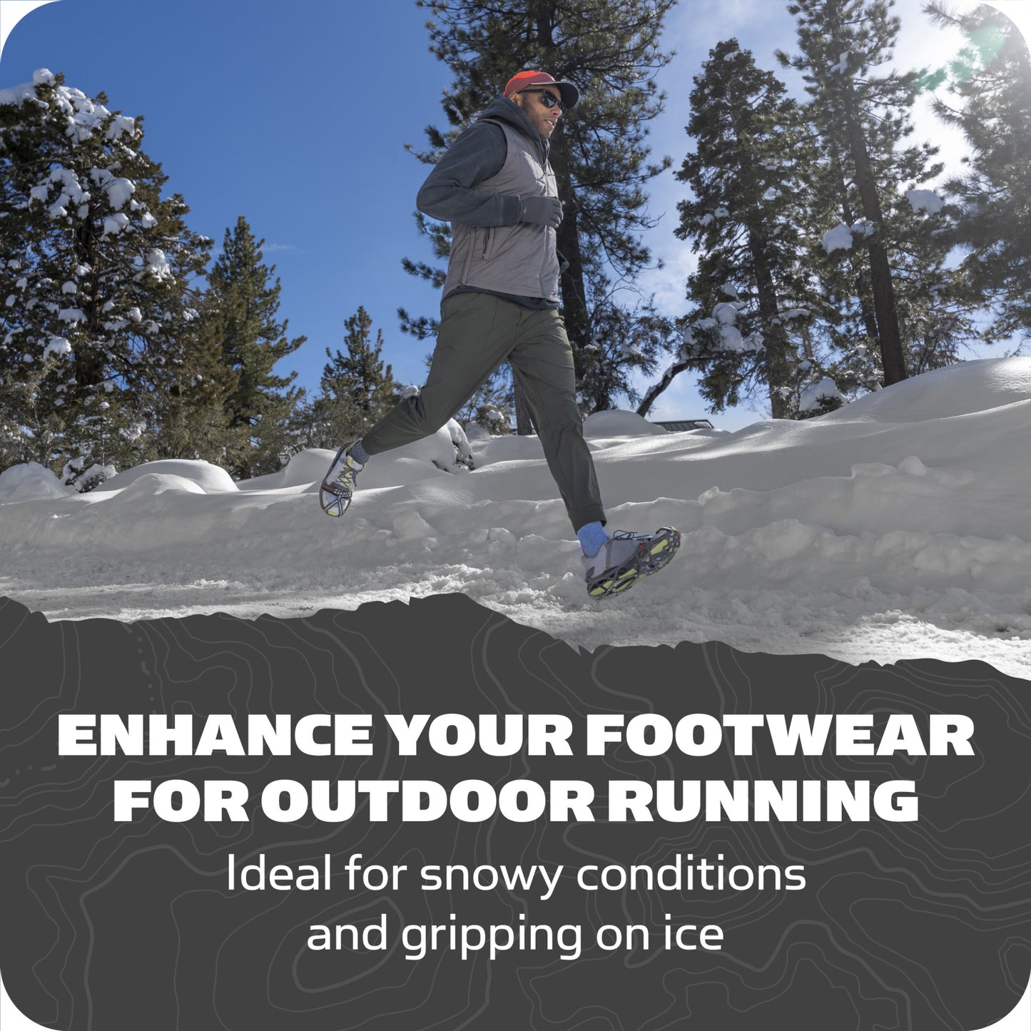 A person running in snow wears specialized outdoor running footwear in a forested winter landscape