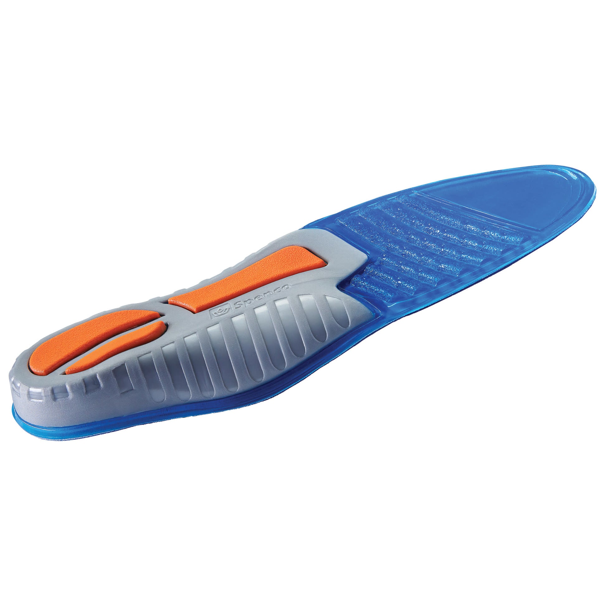 A shoe insoles with orange clips for secure fit on a white background