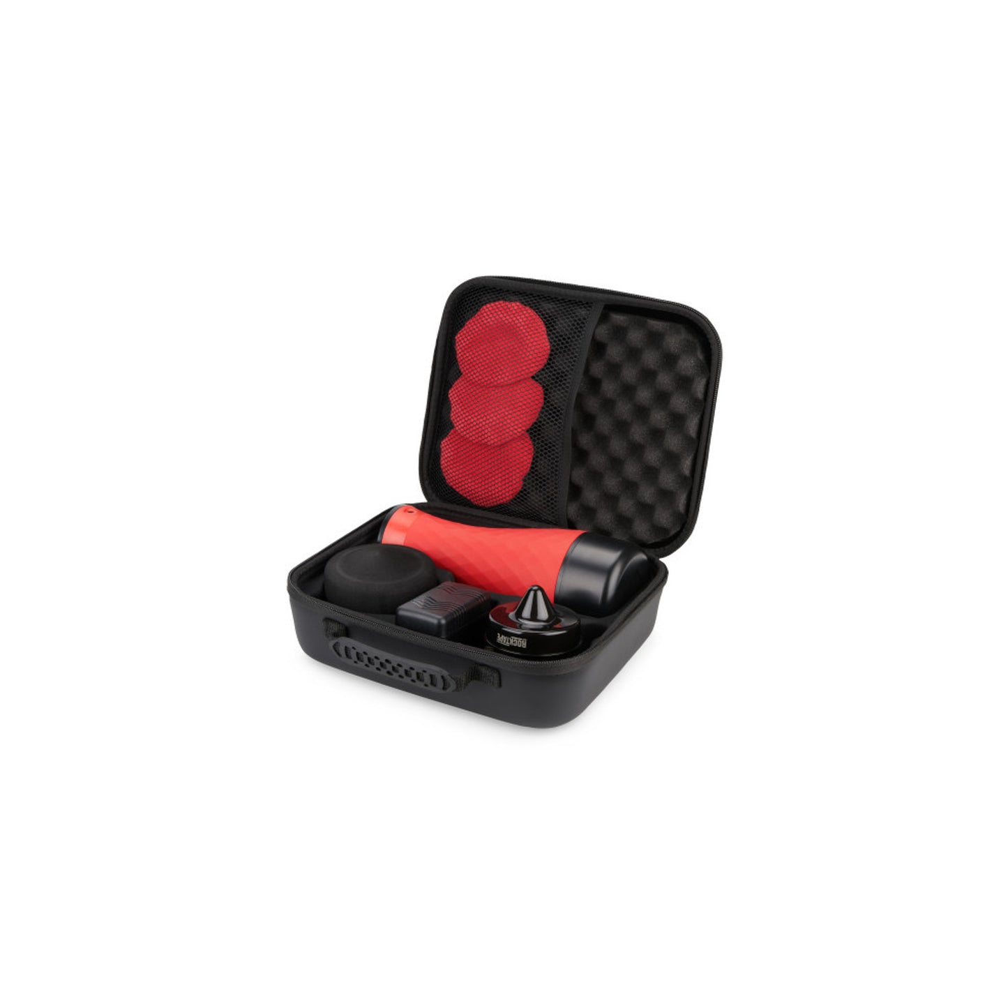 A foot therapy kit is stored in a black case with red and black components inside.