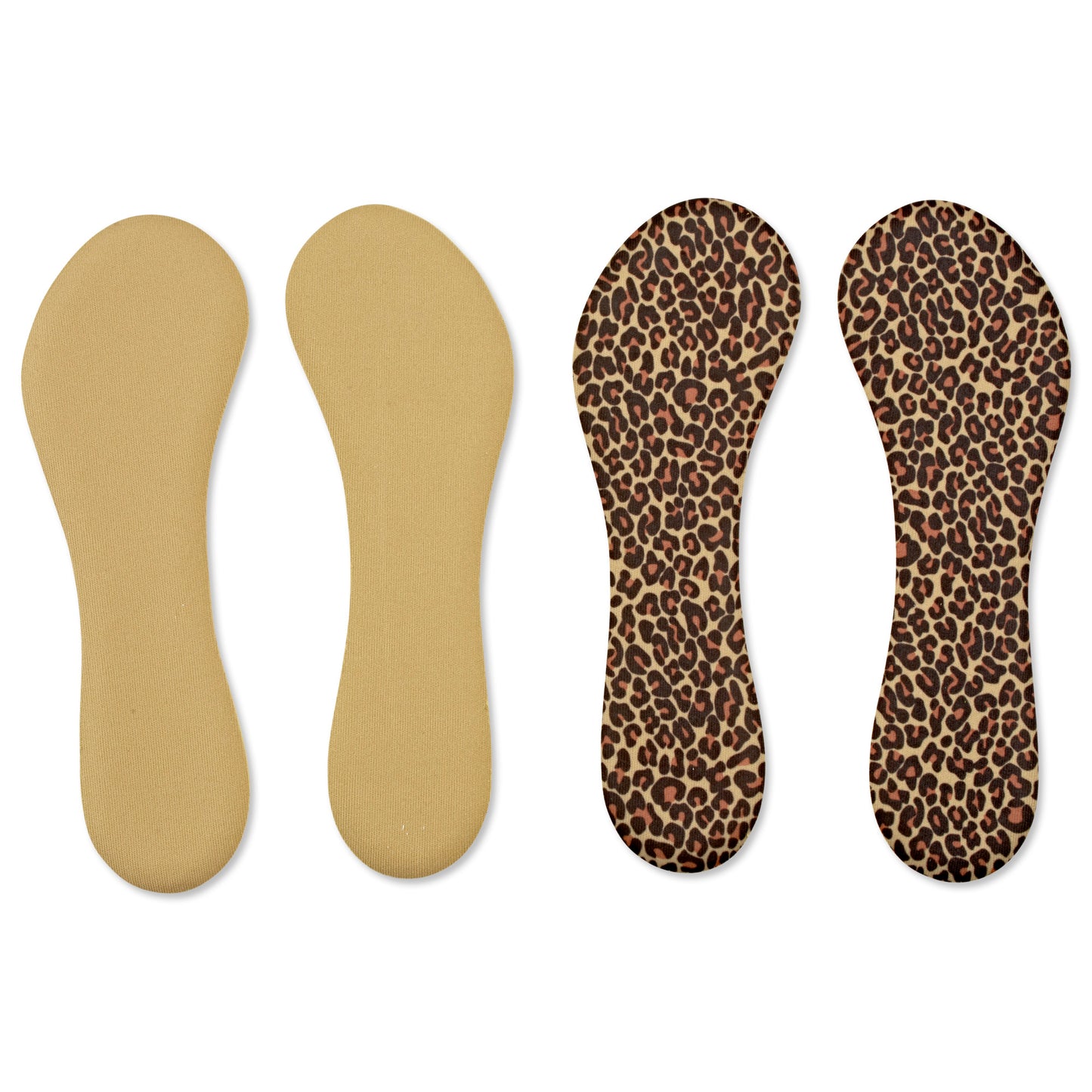 Two pairs of insoles, one plain and one leopard print, are arranged on a white background.